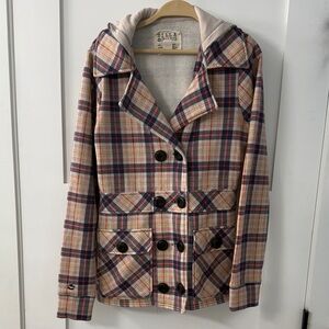 Billabong Women's Double Breasted Hooded Jacket - Cream, Red, Navy & Yellow Paid